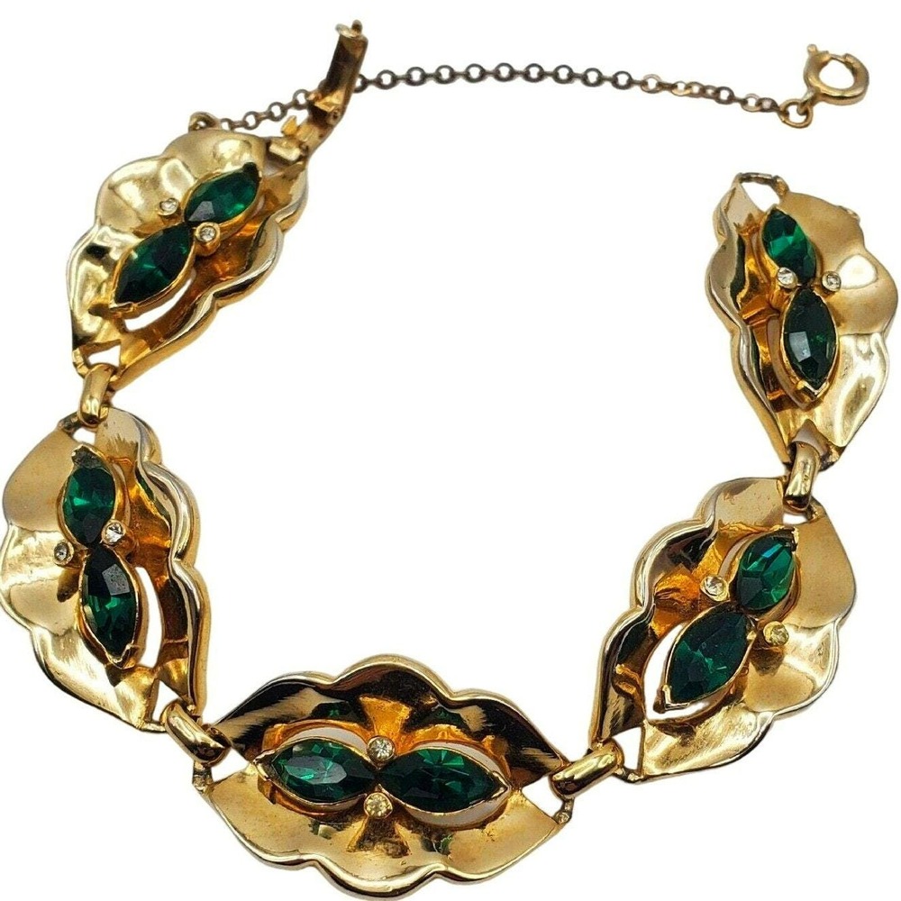 Corocraft Gold Vermeil Bracelet Green Rhinestone Oval‎ Links Signed Coro Vintage